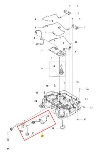 Rysunek techniczny zestawu mechanicznych elementów, w tym kabel robota koszącego CEORA 544 EPOS Husqvarna, z wyróżnionym elementem nr 26, pokazujący zaciski, mocowania i strukturę całości.