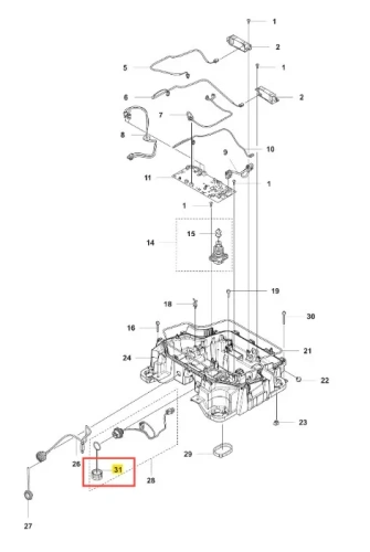 Zaslepka uszczelki robota koszącego CEORA 544 EPOS Husqvarna, widoczna z boku, ma okrągły kształt, wykonana z odpornego materiału. Czerwony kolor, o średnicy około 4 cm. Umieszczona w schemacie montażowym, bez dodatkowych oznaczeń i dekoracji.