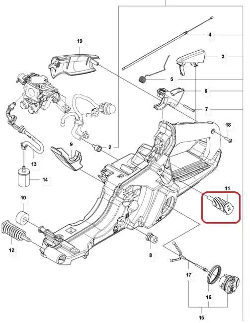 Amortyzator górny do pilarki Husqvarna 565/572 XP/XPG, szary metalowy element z gwintem i otworami montażowymi, przy zbiorniku paliwa.