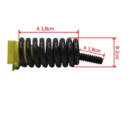 Amortyzator dolny przy zbiorniku paliwa pilarki Husqvarna 565/572 XP/XPG, czarny sprężynowy element z żółtym mocowaniem, o długości 3,8 cm, średnicy 1,8 cm i długości śruby 2 cm, widoczny z boku, na jasnym tle.
