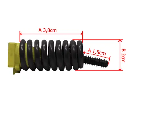 Amortyzator dolny przy zbiorniku paliwa pilarki Husqvarna 565/572 XP/XPG, czarny sprężynowy element z żółtym mocowaniem, o długości 3,8 cm, średnicy 1,8 cm i długości śruby 2 cm, widoczny z boku, na jasnym tle.
