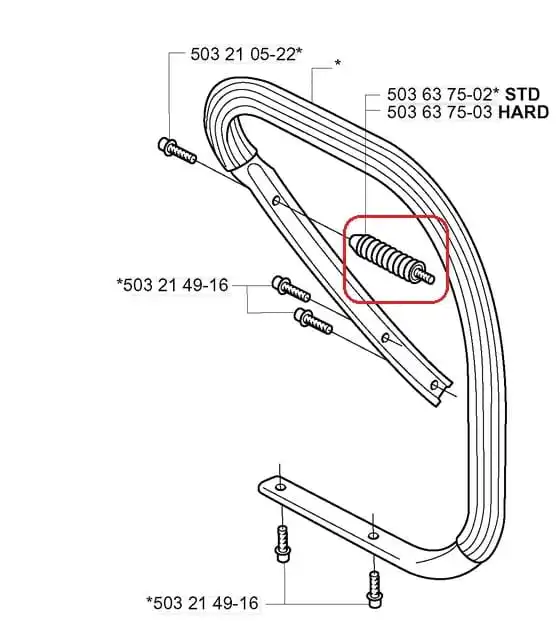 Amortyzator przy uchwycie pilarki Husqvarna 371XP, widok boczny. Metalowy półokrągły element z śrubami i numerami części. Szczegół sprężyny w czerwonej ramce na białym tle.