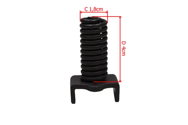 Amortyzator przy uchwycie pilarki Husqvarna 565/572XP/XPG, czarny, sprężynowy, z plastikowym mocowaniem. Wysokość 4 cm, średnica 4 cm, górna część z wężowymi spiralami, dolna płaska podstawa. Zdjęcie z boku, na białym tle.