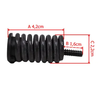 Czarny amortyzator dolny przy zbiorniku paliwa do pilarki Husqvarna 570/575XP z widocznymi spiralnymi żłobieniami. Wymiary: długość 4,2 cm, średnica 1,6 cm, mocowanie 2,2 cm.