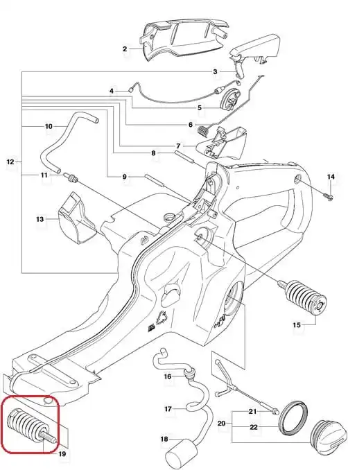 Dolny amortyzator metalowy przy zbiorniku paliwa pilarki Husqvarna 570/575XP, spiralnie skręcony z żłobieniami, poziomo umieszczony na białym tle, eksponujący kształt i strukturę.