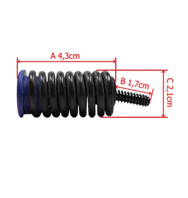 Amortyzator górny do pilarki Husqvarna 570/575XP w kolorze czarnym, z niebieską końcówką. Produkt o wymiarach A 4,3 cm, B 1,7 cm, C 21 cm, wykonany z gumy. Ujęcie boczne, pokazujące spiralną strukturę i gwint do montażu. Tło proste, białe.