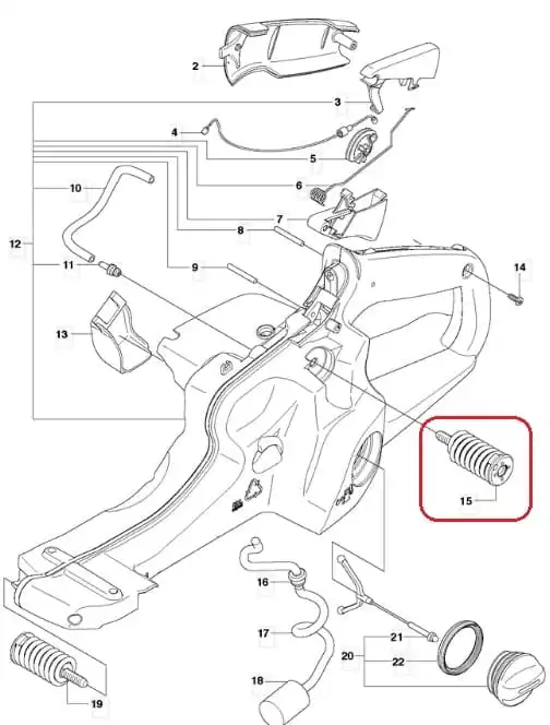 Amortyzator górny przy zbiorniku paliwa pilarki Husqvarna 570/575XP w widoku frontalnym. Produkt ma spiralny kształt, metaliczny wygląd i jest umieszczony w zaznaczonym obszarze na schemacie. Element ten pełni rolę mocowania i amortyzacji.