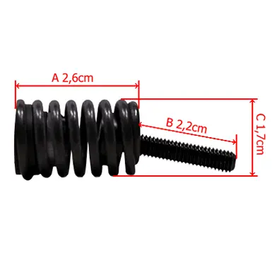 Amortyzator do pilarki Husqvarna T540XP, czarny, z metalowym gwintem. Wymiary: A 2,6 cm, B 2,2 cm, C 1,7 cm. Zbliżenie na spiralną konstrukcję, widoczna tekstura. Produkt leży na prostej powierzchni, tło neutralne.