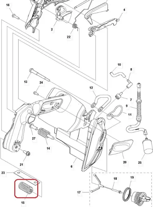 Amortyzator w kolorze czarnym z metalowym sprężynowym elementem, wysunięty na tle diagramu pilarki Husqvarna T540XP. Detal z boku, pokazujący kształt i mocowanie. Widoczne śruby montażowe i elementy konstrukcyjne narzędzia.