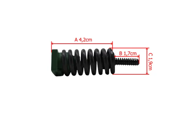 Amortyzator pilarki Husqvarna w kolorze czarnym, z zielonym końcem, o wymiarach 4,2 cm (A), 1,7 cm (B) i 1,9 cm (C). Widok z boku, ukazuje spiralną konstrukcję oraz widoczny gwint mocujący.