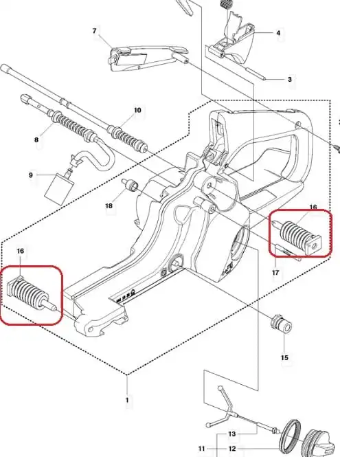 Amortyzator pilarki Husqvarna 135/140/435/440, widoczny z boku, z teksturowaną gumową powłoką w odcieniu ciemnoszarym. Zawiera rowki dla lepszej przyczepności, z zamontowanymi mocowaniami. W tle schemat pilarki na białym tle.
