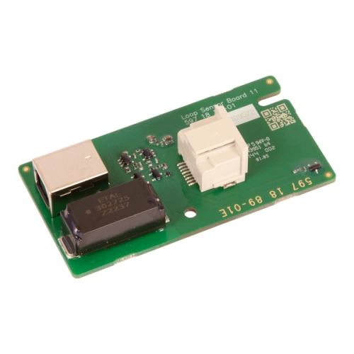 Czujnik pętli tylny robota koszącego, wykonany z zielonej płytki drukowanej, widoczny z boku. Zawiera złącze USB, moduł elektroniczny oraz elementy montażowe. Sprawdzony w jako źródło sygnału do robota Automower 310 Mark II.