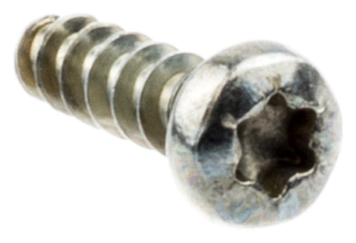 Śruba robota koszącego Automower Solar Hybrid Husqvarna, metalowa, o srebrnym kolorze. Widok z boku, zbliżenie na detal, ukazuje głowicę z pięciokątnym otworem. Wyróżnia się klasycznym, gwintowanym kształtem oraz precyzyjnym wykończeniem.