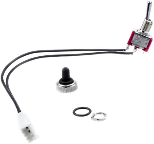 Wyłącznik robota koszącego Automower Solar Hybrid Husqvarna, z przyciskiem, pokrętłem, przewodami i elementami montażowymi, w kolorze srebrno-czarnym z metalowymi detalami, na białym tle.