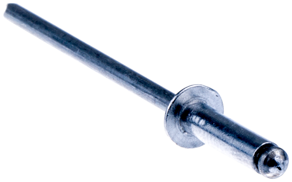 Nit metalowy w kolorze srebrnym, prosty, o długości około 6 cm, z szeroką podstawą i zaokrąglonym końcem. Widoczny z przodu, na białym tle. Element mocujący, przeznaczony do zastosowań w mechanice i budownictwie.