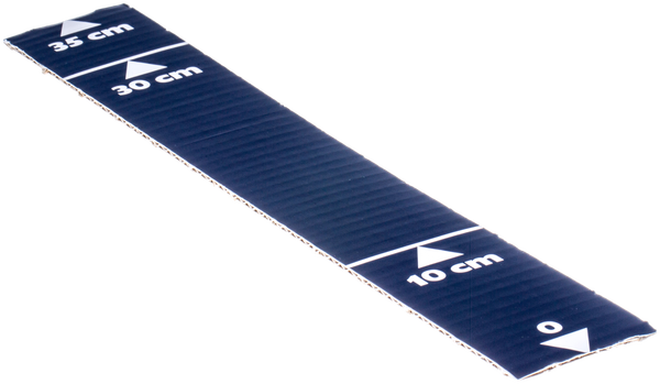 Taśma miernicza robota koszącego Automower Solar Hybrid Husqvarna w kolorze ciemnoniebieskim, o długości 1 metra, z wyraźnymi oznaczeniami w centymetrach: 0, 10, 30 i 35. Położona na płaskiej powierzchni, z układem poziomym, gładka tekstura.
