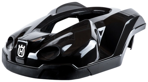 Obudowa robota koszącego Automower 330 X Husqvarna, w kolorze czarnym, z błyszczącą powierzchnią. Widok z przodu, produkt leży poziomo. Z przodu widoczne otwory i logo Husqvarna. Kształt obudowy aerodynamiczny z wyraźnymi liniami.