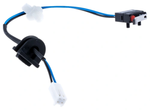 Wyłącznik robota koszącego Automower 330 X Husqvarna z czarnym korpusem, białymi i niebieskimi przewodami. Zainstalowany w pozycji poziomej, z widocznym przyciskiem oraz złączami elektrycznymi, na tle jednolitym. Produkt w nowym stanie.