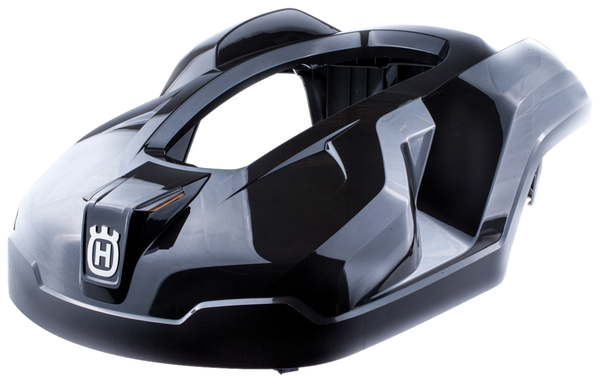 Obudowa robota koszącego Automower 320 Husqvarna w kolorze czarnym z połyskiem. W widoku frontalnym, ukazująca zaokrąglony kształt i logo producenta. Produkt leży na prostej powierzchni, eksponując detale konstrukcji oraz uchwyty.