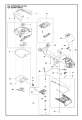 Schemat przedstawia szczegóły instalacji elektrycznej do robota koszącego Automower 535 AWD Husqvarna. Widoczne elementy to konsola centralna z przyciskami, mocowania oraz złącza. Tło jest proste, białe, co ułatwia ocenę detali.