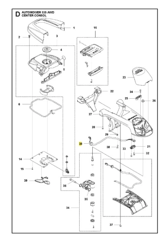 Schemat przedstawia szczegóły instalacji elektrycznej do robota koszącego Automower 535 AWD Husqvarna. Widoczne elementy to konsola centralna z przyciskami, mocowania oraz złącza. Tło jest proste, białe, co ułatwia ocenę detali.