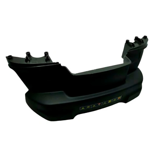 Czarny, zaokrąglony zderzak robota koszącego Automower 535 AWD Husqvarna z czterema mocowaniami i nadrukiem ikon instrukcji, widok z boku i góry.