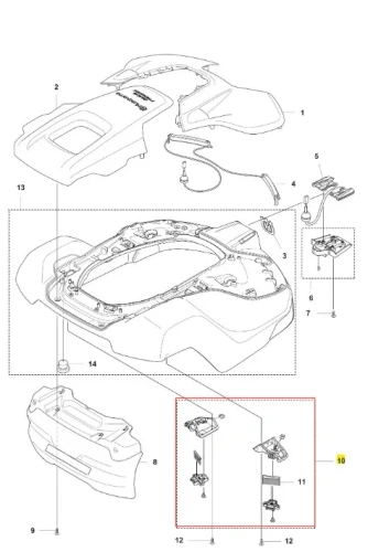 Zestaw szczoteczek do robota koszącego Automower 520 EPOS Husqvarna z obudową, mocowaniami i akcesoriami. Widoczna główna jednostka z otwartym wnętrzem i elementami montażowymi na białym tle.