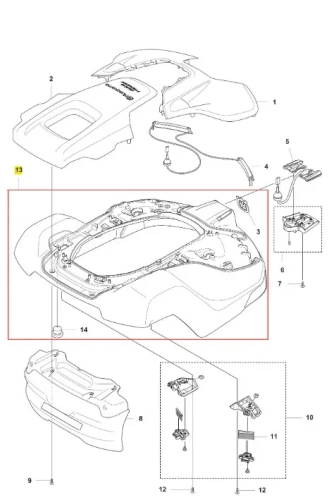 Obudowa robota Automower 520 EPOS Husqvarna, widok z góry. Szara, trwała z tworzywa sztucznego. Widoczne miejsca montażu, przewody i akcesoria montażowe. Oznaczenia numerów części dla identyfikacji.