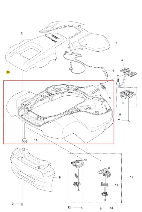 Obudowa robota Automower 520 EPOS Husqvarna, widok z góry. Szara, trwała z tworzywa sztucznego. Widoczne miejsca montażu, przewody i akcesoria montażowe. Oznaczenia numerów części dla identyfikacji.