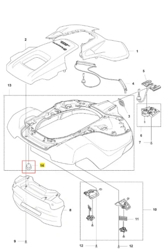 Nakładka robota koszącego Husqvarna Automower 520 EPOS, kolor ciemnoszary z elementami w jasnym kolorze, w układzie frontowym. Widoczna struktura, logo marki, otwór do montażu. Przygotowana do instalacji z komponentami dodatkowymi obok.