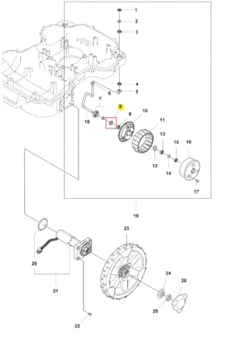 Schemat montażowy uszczelniacza robota Husqvarna Automower 520 EPOS z widokiem bocznym, pokazujący wirnik, łożyska i mocowania.