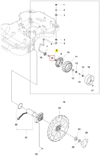 Schemat montażowy uszczelniacza robota Husqvarna Automower 520 EPOS z widokiem bocznym, pokazujący wirnik, łożyska i mocowania.