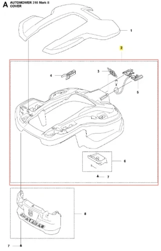 Obudowa robota koszącego Automower 310 Mark II Husqvarna, szara, gładka, widok z góry, leżąca, z detalami mocowań, schemat elementów z klipsami i okablowaniem, logo Husqvarna na dolnej krawędzi.