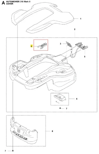 Narzędzie do demontażu robota koszącego Automower 310 Mark II Husqvarna, widoczne z góry na jasnym tle, z plastikową obudową, złączem i detalami przycisków, leżące na płaskiej powierzchni.