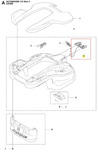 Wiązka przewodów robota koszącego Automower 310 Mark II Husqvarna w kolorach czarnym i szarym z złączami i elementami montażowymi na białym tle, widok z góry pokazujący szczegóły. Oznaczenia czytelne.
