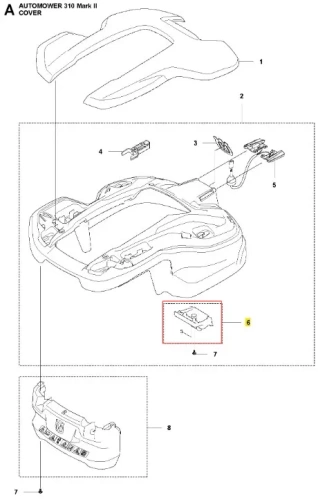 Mocowanie robota koszącego Automower 310 Mark II Husqvarna, widoczne z góry. Szare, gładkie plastikowe części z wypustkami i złączami, format do montażu, z numerami części, na białym tle.
