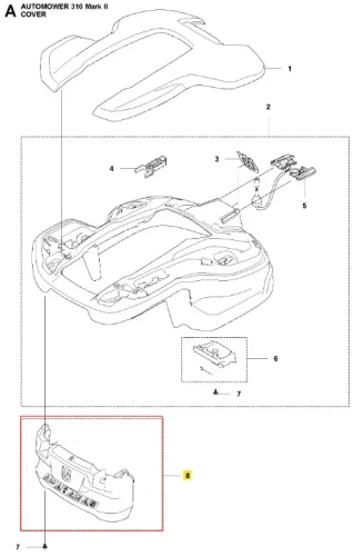 Czarny zderzak do robota koszącego Automower 310 Mark II Husqvarna, widok z góry, z elementami mocującymi, portami podłączeniowymi, gładką powierzchnią z teksturą i czytelnymi oznaczeniami.