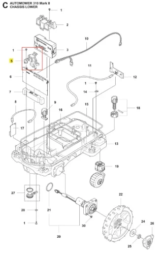 Szary uchwyt robota koszącego Automower 310 Mark II Husqvarna z czerwonym akcentem, widok z góry. Widoczne mocowanie, kable i numery części na jasnym tle.
