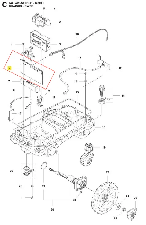 Płytka robota koszącego Automower 310 Mark II Husqvarna, prostokątna, z narożnikami, przyłączami i znakami montażowymi, na białym tle, ukazująca elementy konstrukcyjne podwozia.