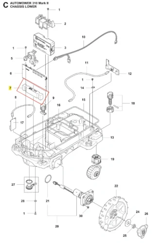 Balast robota koszącego Automower 310 Mark II Husqvarna, prostokątny element o szarej obudowie, z widocznymi stykami. Ujęcie z boku, ukazujące podłączenia oraz elementy montażowe na tle białej planszy z numeracją części.