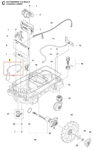 Przewód robota koszącego Automower 310 Mark II Husqvarna, elastyczny z białymi oznaczeniami. Ujęcie z boku, pokazujące szczegóły mocowania. Część metalowa oraz plastikowe elementy, widoczna w kontekście podzespołów robota.