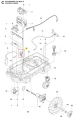 Szkic dolnej części robota koszącego Automower 310 Mark II Husqvarna, z widocznymi podzespołami, przewodami i osłonami w odcieniach szarości i czerni, widok frontalny z detalami rozmieszczenia części.