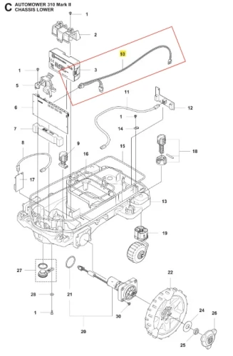 Wiązka elektryczna robota koszącego Automower 310 Mark II Husqvarna przedstawiona z góry, w układzie na tle białym. Widoczne złącza oraz kable w czarnym kolorze, o gładkiej fakturze. Elementy połączeniowe jasno oznaczone numeracją.