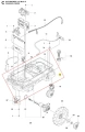 Dolna obudowa robota koszącego Husqvarna Automower 310 Mark II, czarna, plastikowa. Widoczny napis, mocowania i kółka, leży poziomo, pokazując szczegóły konstrukcji.