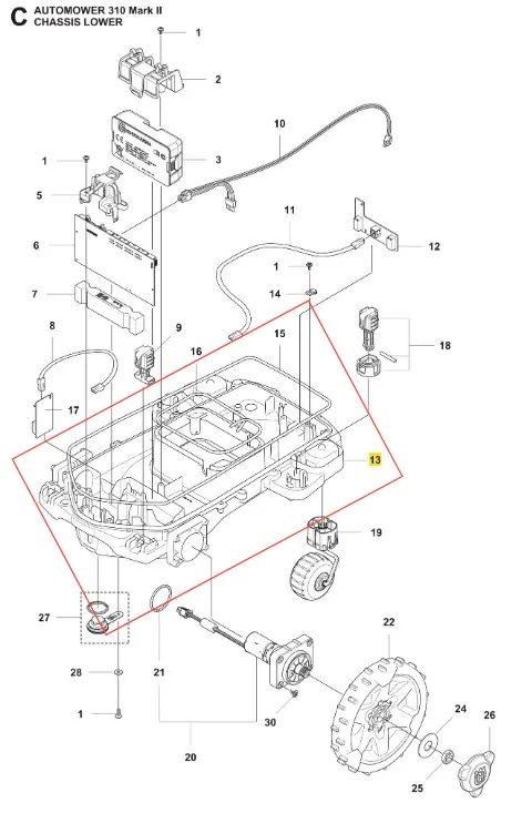 Dolna obudowa robota koszącego Husqvarna Automower 310 Mark II, czarna, plastikowa. Widoczny napis, mocowania i kółka, leży poziomo, pokazując szczegóły konstrukcji.
