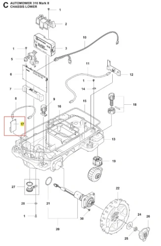 Czujnik pętli tylny robota koszącego Automower 310 Mark II Husqvarna, zamontowany na dolnej części podwozia, z metalową obudową, kablami i oznaczeniami. Nowy, na jasnym tle technicznym.