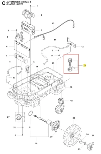 Schemat części robota koszącego Automower 310 Mark II Husqvarna z podwoziem, komponentami elektrycznymi i silnikiem. Części oznaczone 18 w dolnej centralnej części pełnią funkcje montażowe lub mocujące.