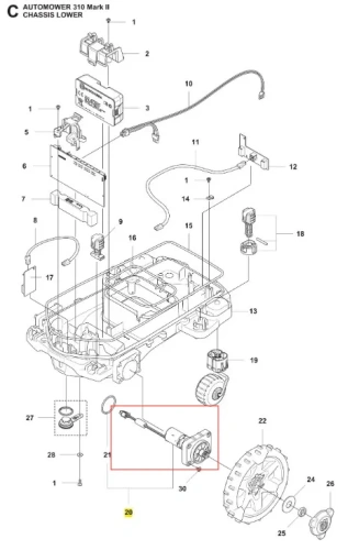 Silnik zestawu robota koszącego Automower 310 Mark II Husqvarna, z widocznym przewodem i wtyczką, w obrysie na tle dolnej części podwozia. Elementy są w kolorze szarym i czarnym, z wyraźnymi detalami technicznymi. Wtyczka ma prosty kształt.