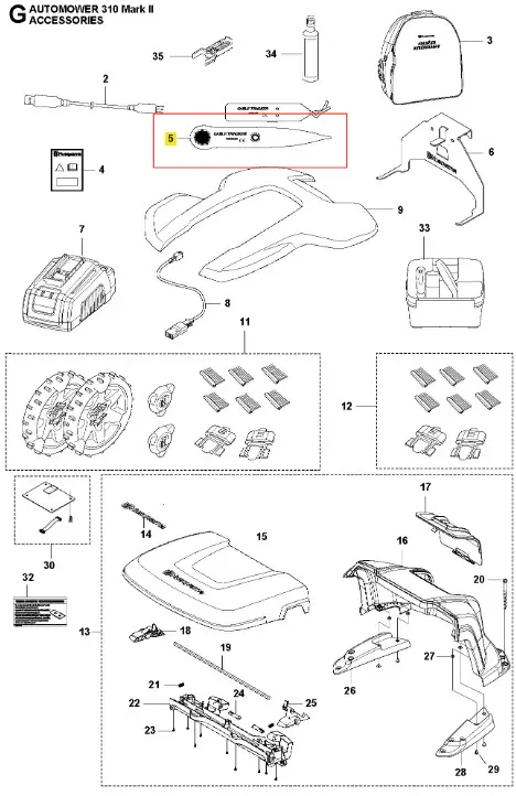 Zestaw akcesoriów do robota koszącego Automower 310 Mark II Husqvarna: nóż koszący, koła, elementy plastikowe, bateria i osłona na białym tle podkreślającym szczegóły.