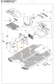 Schemat stacji ładującej Automower 310 Mark II Husqvarna, pokazujący korpus, przewody, złącza i szarą pokrywkę w ujęciu z góry na prostym tle podkreślającym detale montażowe i schowki.